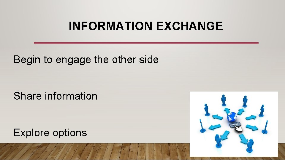 INFORMATION EXCHANGE Begin to engage the other side Share information Explore options 