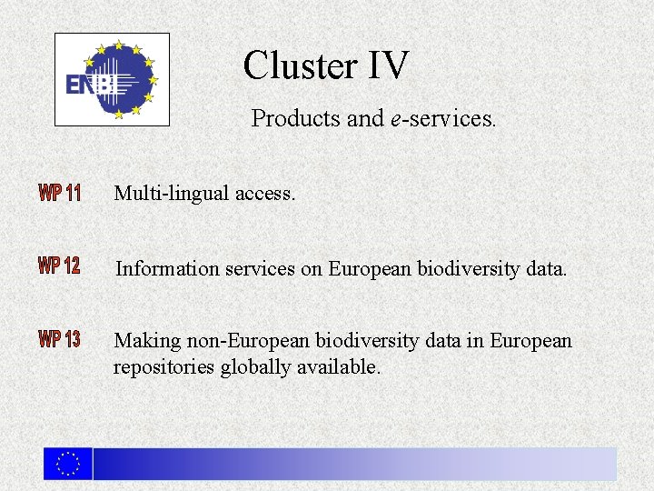 Cluster IV Products and e-services. Multi-lingual access. Information services on European biodiversity data. Making