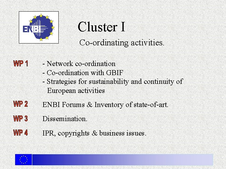 Cluster I Co-ordinating activities. - Network co-ordination - Co-ordination with GBIF - Strategies for