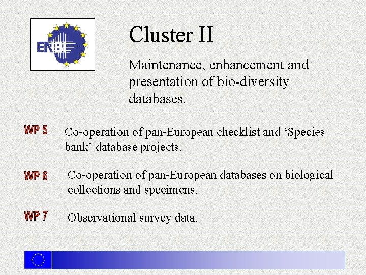 Cluster II Maintenance, enhancement and presentation of bio-diversity databases. Co-operation of pan-European checklist and