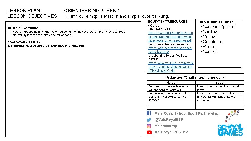 LESSON PLAN: LESSON OBJECTIVES: ORIENTEERING: WEEK 1 To introduce map orientation and simple route