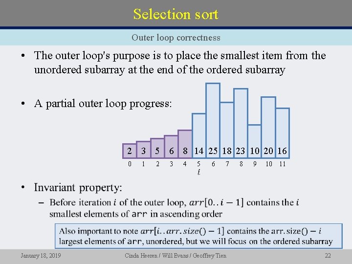 Selection sort Outer loop correctness • The outer loop's purpose is to place the