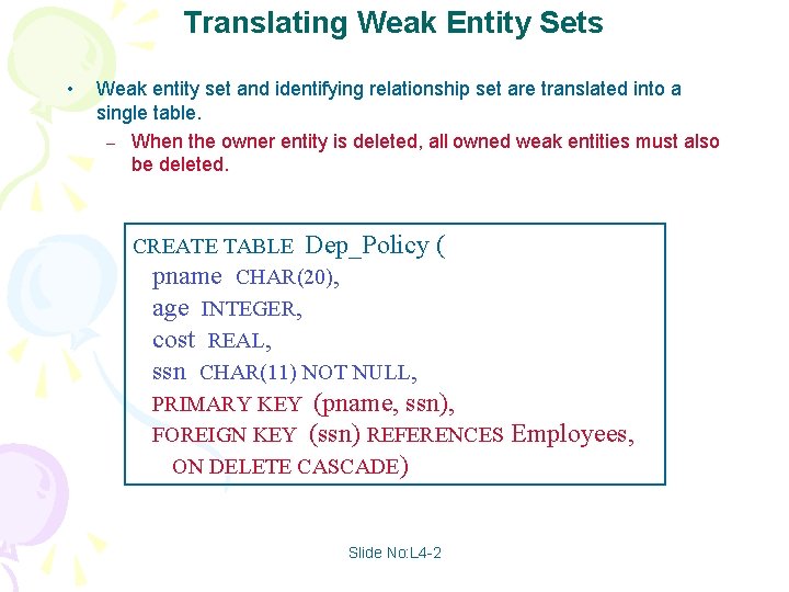 Translating Weak Entity Sets • Weak entity set and identifying relationship set are translated