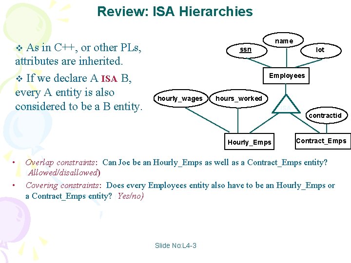 Review: ISA Hierarchies As in C++, or other PLs, attributes are inherited. v If