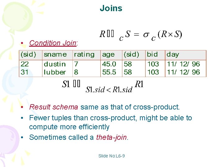 Joins • Condition Join: • Result schema same as that of cross-product. • Fewer