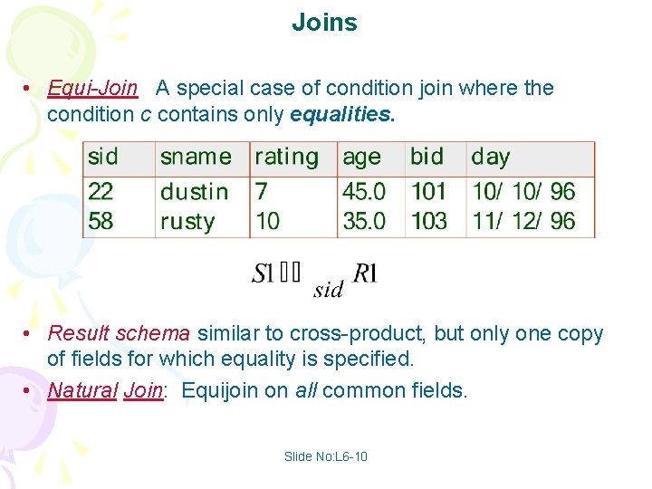 Joins • Equi-Join: A special case of condition join where the condition c contains