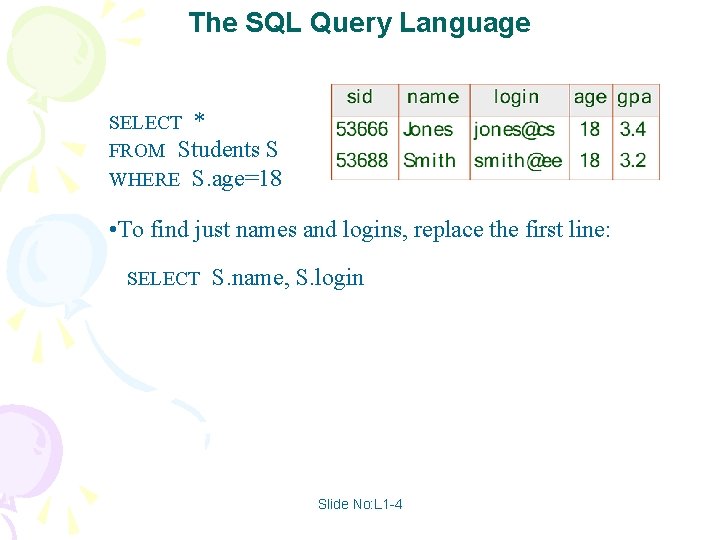 The SQL Query Language SELECT * FROM Students S WHERE S. age=18 • To