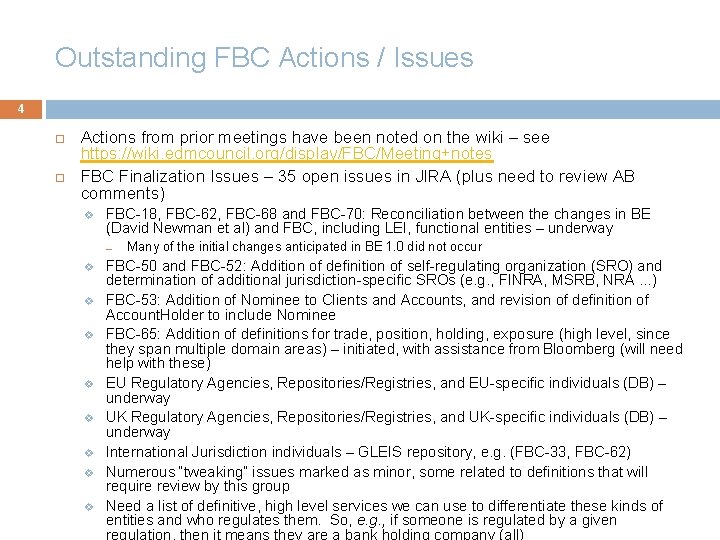 Outstanding FBC Actions / Issues 4 Actions from prior meetings have been noted on