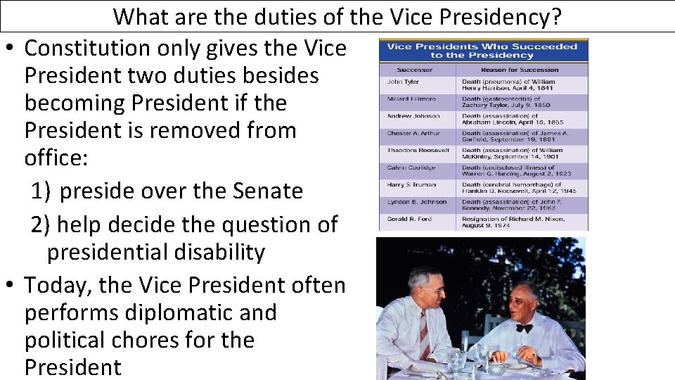 What are the duties of the Vice Presidency? • Constitution only gives the Vice