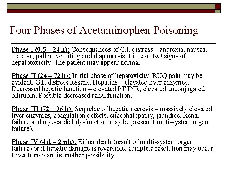 Four Phases of Acetaminophen Poisoning Phase I (0. 5 – 24 h): Consequences of
