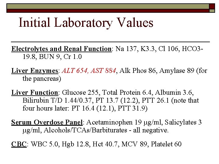 Initial Laboratory Values Electrolytes and Renal Function: Na 137, K 3. 3, Cl 106,