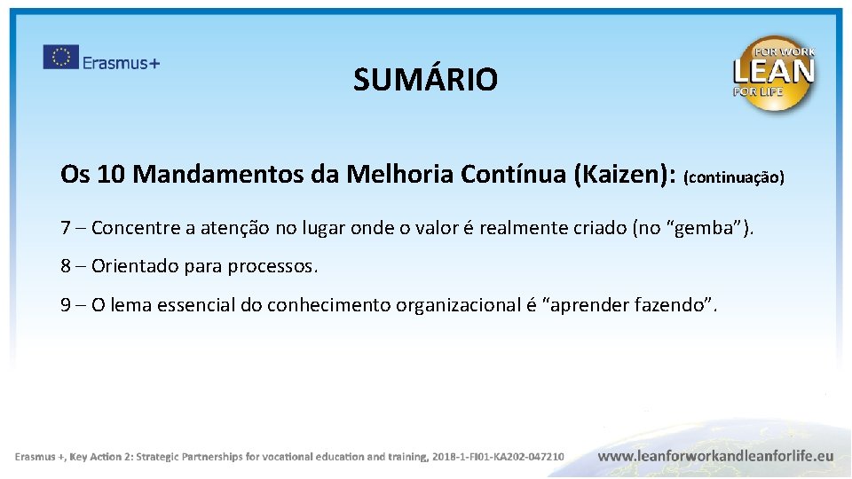 SUMÁRIO Os 10 Mandamentos da Melhoria Contínua (Kaizen): (continuação) 7 – Concentre a atenção