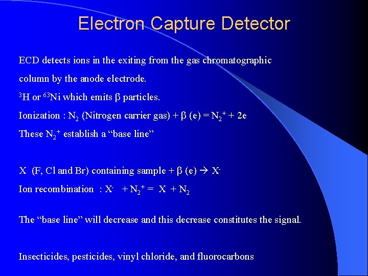 Electron Capture Detector ECD detects ions in the exiting from the gas chromatographic column Electron Capture Detector ECD detects ions in the exiting from the gas chromatographic column