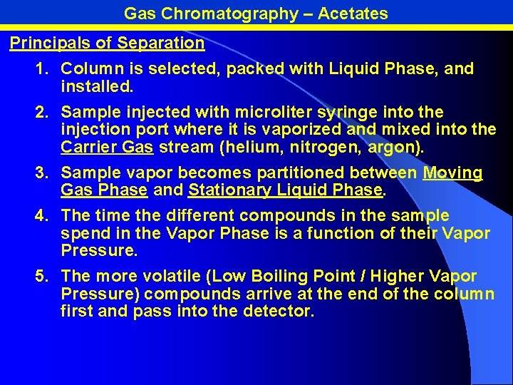Gas Chromatography – Acetates Principals of Separation 1. Column is selected, packed with Liquid