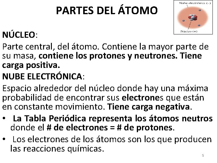 PARTES DEL ÁTOMO NÚCLEO: Parte central, del átomo. Contiene la mayor parte de su
