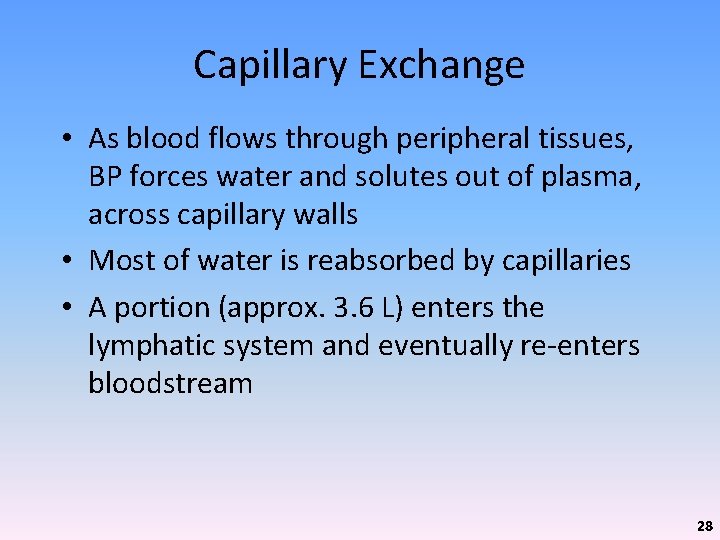 Capillary Exchange • As blood flows through peripheral tissues, BP forces water and solutes