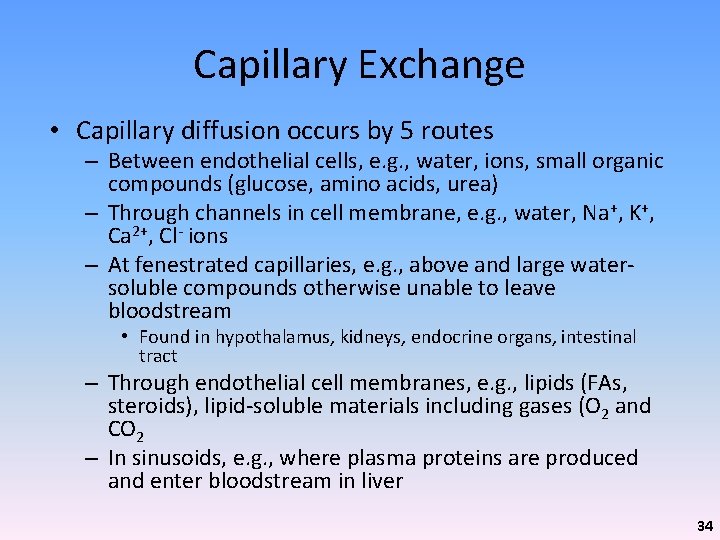 Capillary Exchange • Capillary diffusion occurs by 5 routes – Between endothelial cells, e.