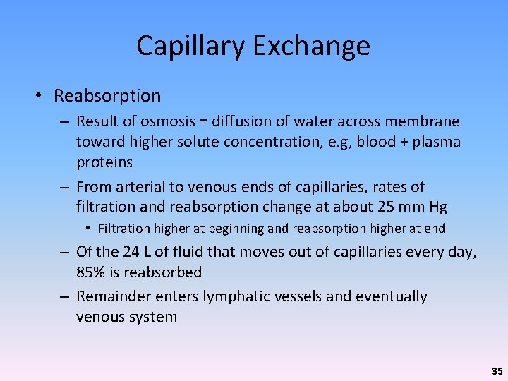 Capillary Exchange • Reabsorption – Result of osmosis = diffusion of water across membrane