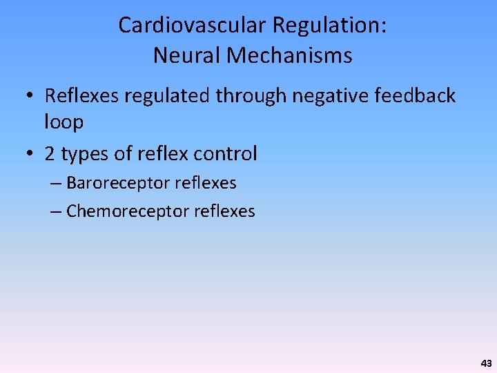 Cardiovascular Regulation: Neural Mechanisms • Reflexes regulated through negative feedback loop • 2 types