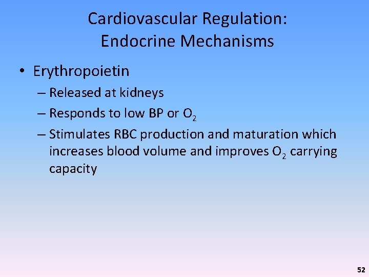 Cardiovascular Regulation: Endocrine Mechanisms • Erythropoietin – Released at kidneys – Responds to low