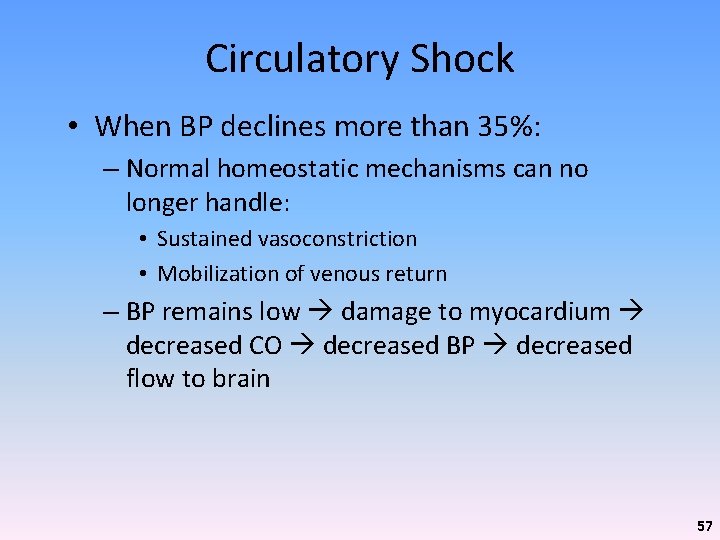 Circulatory Shock • When BP declines more than 35%: – Normal homeostatic mechanisms can