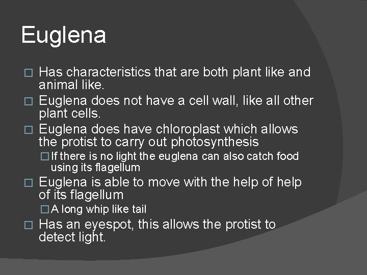 Euglena Has characteristics that are both plant like and animal like. � Euglena does