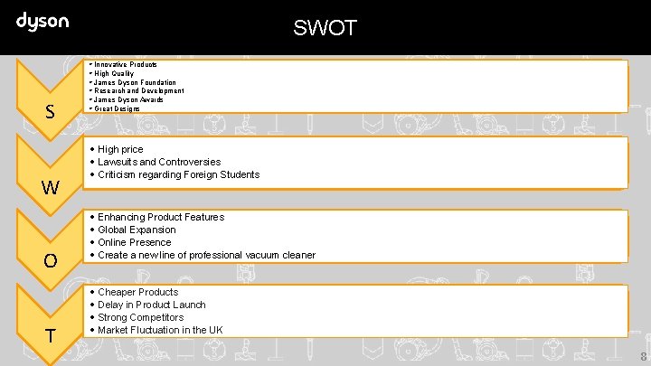 SWOT S W O T • Innovative Products • High Quality • James Dyson