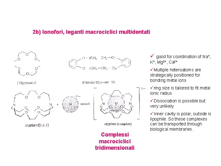 2 b) Ionofori, leganti macrociclici multidentati ü good for coordination of Na+, K+, Mg