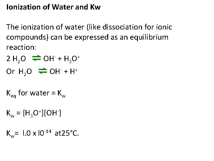 Ionization of Water and Kw The ionization of water (like dissociation for ionic compounds) Ionization of Water and Kw The ionization of water (like dissociation for ionic compounds)