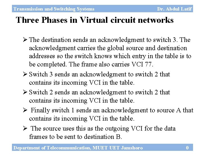 Transmission and Switching Systems Dr. Abdul Latif Three Phases in Virtual circuit networks Ø