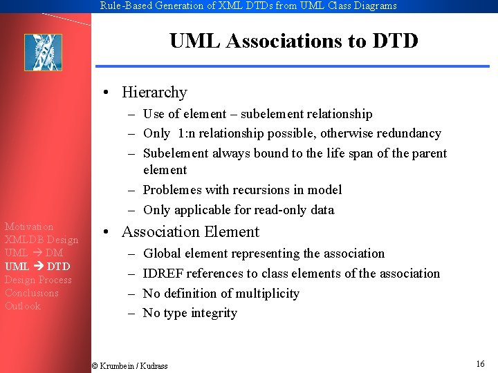 Rule-Based Generation of XML DTDs from UML Class Diagrams UML Associations to DTD •