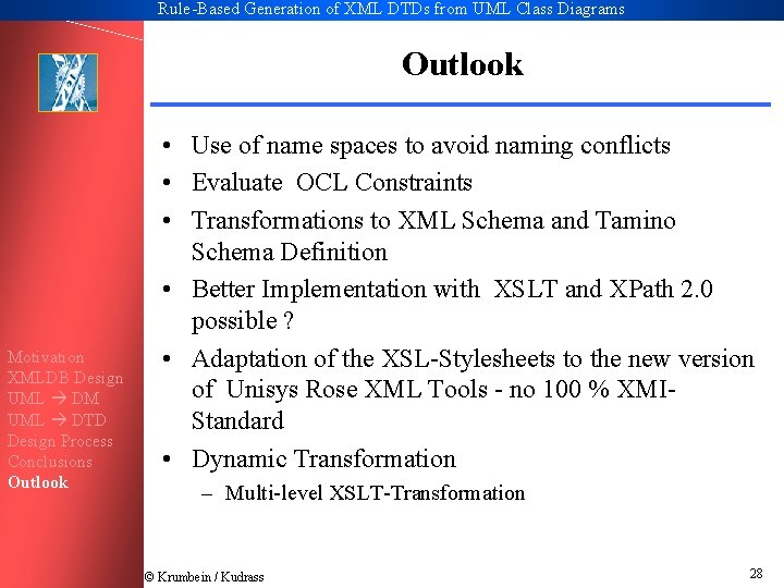 Rule-Based Generation of XML DTDs from UML Class Diagrams Outlook Motivation XMLDB Design UML