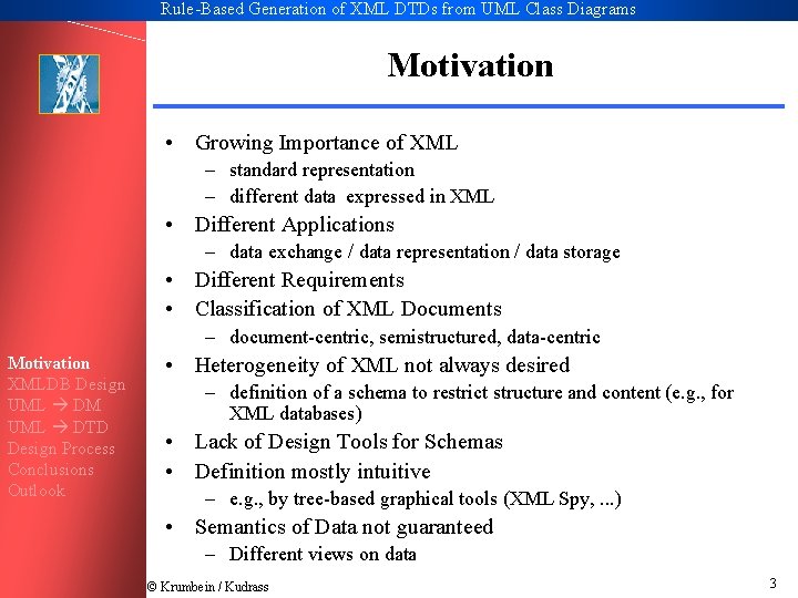 Rule-Based Generation of XML DTDs from UML Class Diagrams Motivation • Growing Importance of