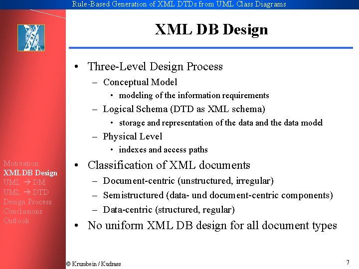Rule-Based Generation of XML DTDs from UML Class Diagrams XML DB Design • Three-Level