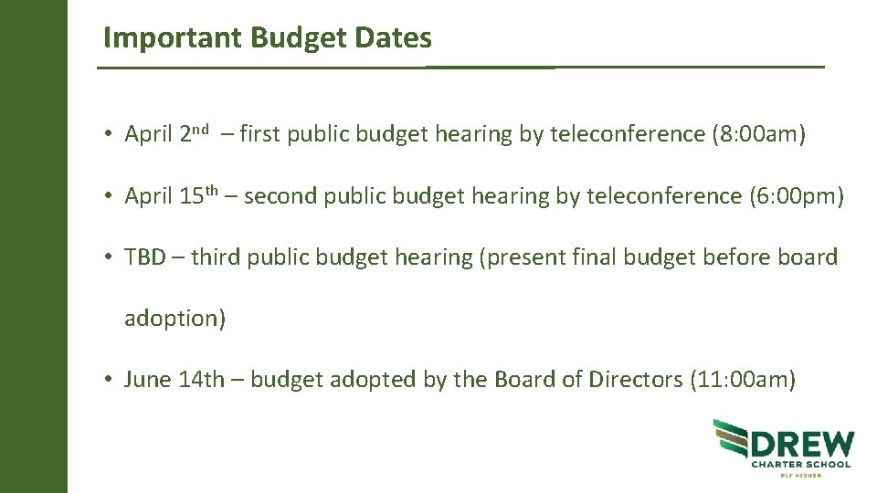 Important Budget Dates • April 2 nd – first public budget hearing by teleconference