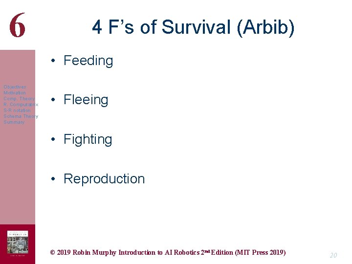 6 4 F’s of Survival (Arbib) • Feeding Objectives Motivation Comp. Theory R. Computatrix