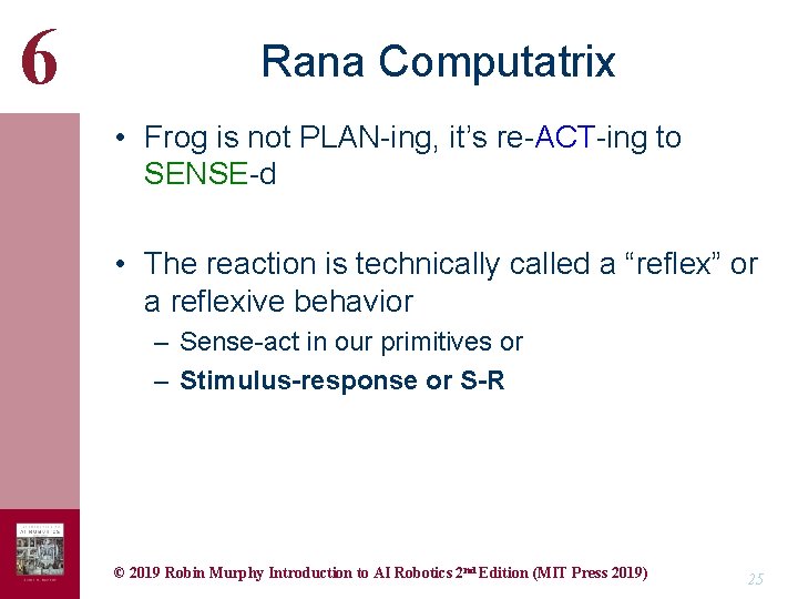 6 Rana Computatrix • Frog is not PLAN-ing, it’s re-ACT-ing to SENSE-d • The