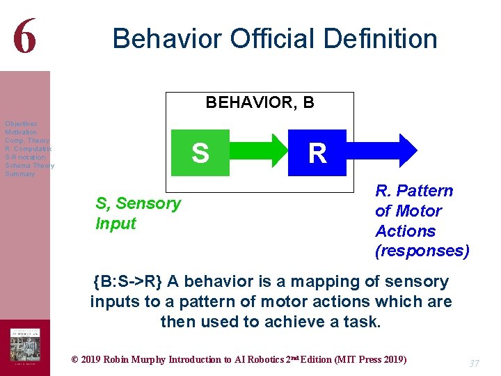 6 Behavior Official Definition BEHAVIOR, B Objectives Motivation Comp. Theory R. Computatrix S-R notation