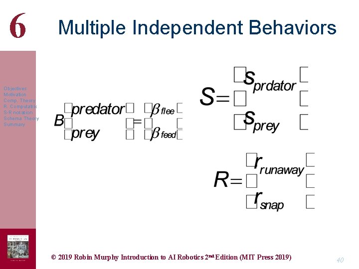 6 Multiple Independent Behaviors Objectives Motivation Comp. Theory R. Computatrix S-R notation Schema Theory