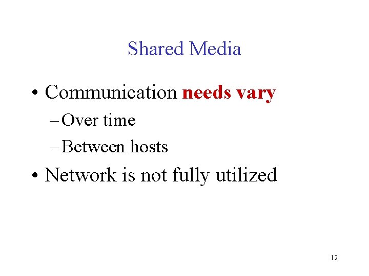 Shared Media • Communication needs vary – Over time – Between hosts • Network