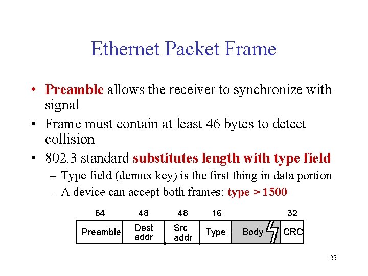 Ethernet Packet Frame • Preamble allows the receiver to synchronize with signal • Frame