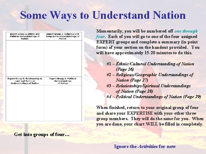 Some Ways to Understand Nation Momentarily, you will be numbered off one through four.