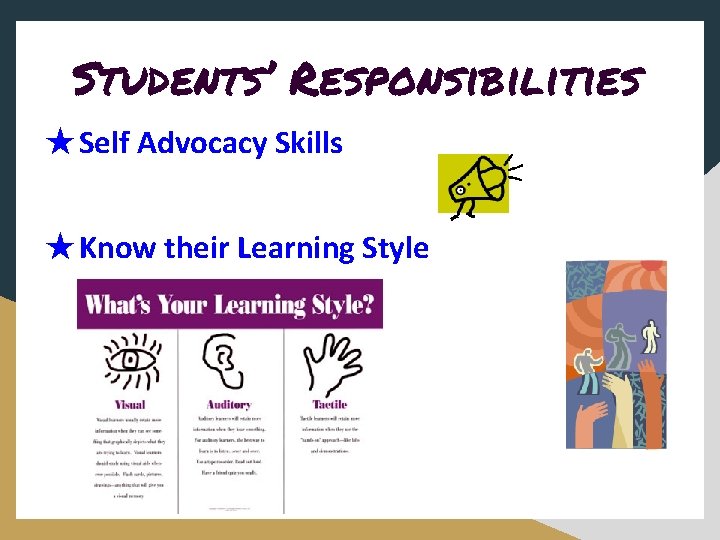 Students’ Responsibilities ★Self Advocacy Skills ★Know their Learning Style 