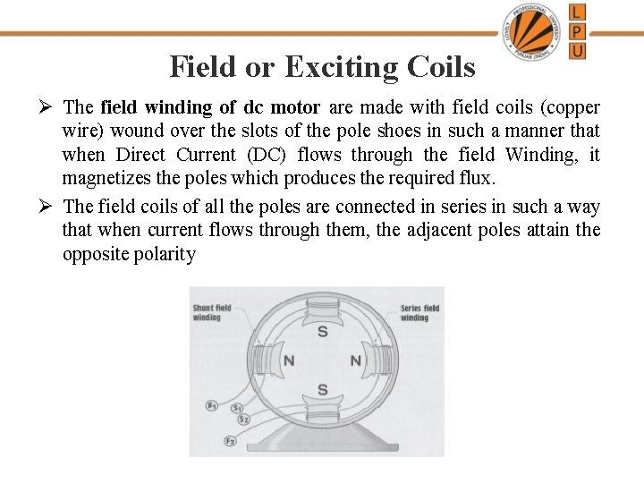 Field or Exciting Coils Ø The field winding of dc motor are made with