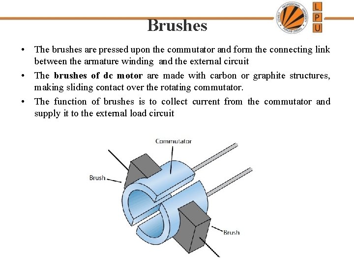 Brushes • The brushes are pressed upon the commutator and form the connecting link