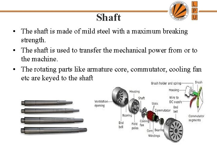 Shaft • The shaft is made of mild steel with a maximum breaking strength.