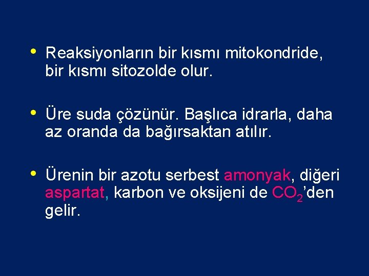  • Reaksiyonların bir kısmı mitokondride, bir kısmı sitozolde olur. • Üre suda çözünür.