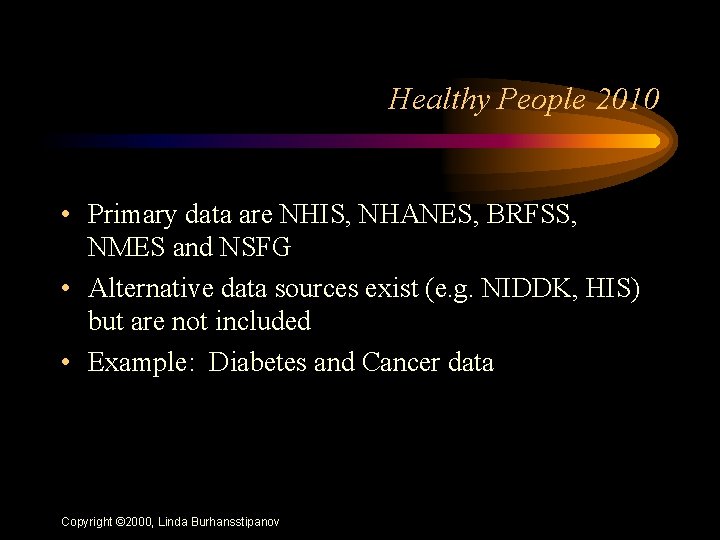 Healthy People 2010 • Primary data are NHIS, NHANES, BRFSS, NMES and NSFG •