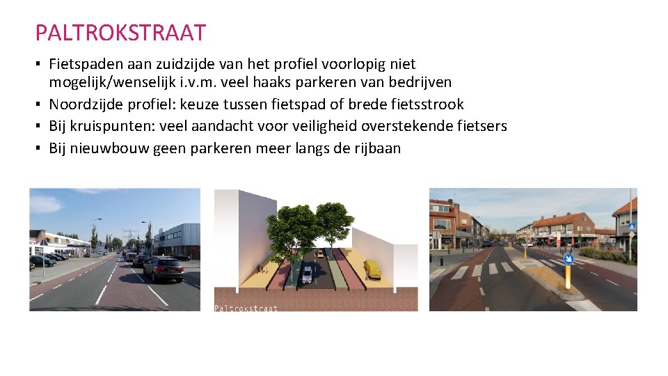 PALTROKSTRAAT ▪ Fietspaden aan zuidzijde van het profiel voorlopig niet mogelijk/wenselijk i. v. m.