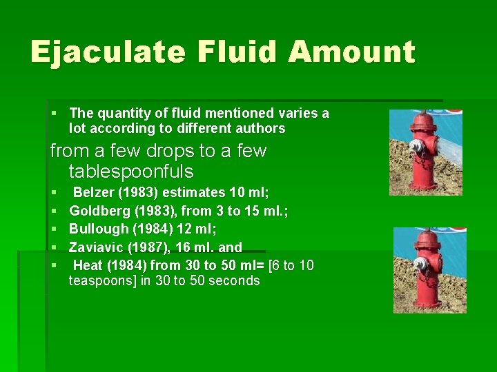 Ejaculate Fluid Amount § The quantity of fluid mentioned varies a lot according to